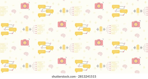Creative seamless pattern featuring pink cameras yellow speech bubbles and related icons suitable for social media content and communication projects