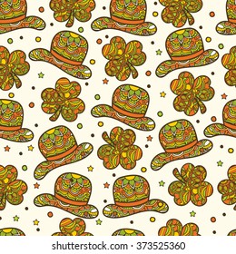 Creative seamless pattern with floral design decorated shamrock leaves and leprechaun hats for Happy St. Patrick's Day celebration.