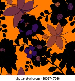 Patrón creativo sin costuras con flores de estilo étnico. Decoración floral. Patrón tradicional de paisajes. Textil de diseño textil.Patrón inmaterial tribal étnico. Arte asiático.