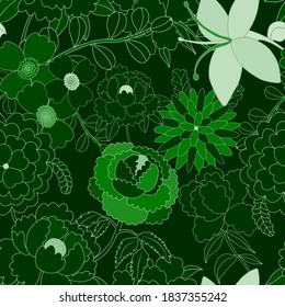 Patrón creativo sin costuras con flores de estilo étnico. Decoración floral. Patrón tradicional de paisajes. Textil de diseño textil.Patrón inmaterial tribal étnico. Arte asiático.
