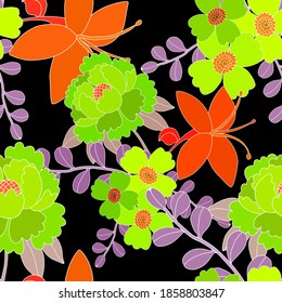 Creative seamless pattern with flowers in ethnic style. Floral decoration. Traditional paisley pattern. Textile design texture.Tribal ethnic vintage seamless pattern. Asian art.	