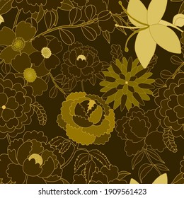 Patrón creativo sin costuras con flores de estilo étnico. Decoración floral. Patrón tradicional de paisajes. Textil de diseño textil.Patrón inmaterial tribal étnico. Arte asiático.	