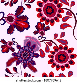 Creative seamless pattern with flowers and leaves in ethnic style. Floral decoration. Traditional paisley pattern. Textile design texture.Tribal ethnic vintage seamless pattern.	