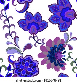 Patrón creativo sin fisuras con flores y hojas de estilo étnico. Decoración floral. Patrón tradicional de paisajes. Textil de diseño textil.Patrón inmaterial tribal étnico.	
