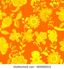 Patrón creativo sin fisuras con flores y hojas de estilo étnico. Decoración floral. Patrón tradicional de paisajes. Textil de diseño textil.Patrón inmaterial tribal étnico.	