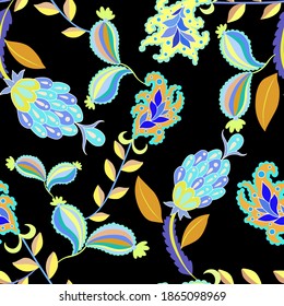 Creative seamless pattern with flowers and leaves in ethnic style. Floral decoration. Traditional paisley pattern. Textile design texture.Tribal ethnic vintage seamless pattern.	
