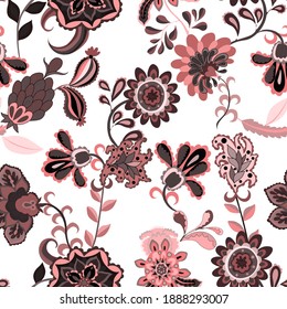 Kreatives, nahtloses Muster mit Blumen und Blättern im ethnischen Stil. Blumendekoration. Traditionelles Paisley-Muster. Textile Design Textur.Stamm ethnische Vintage nahtlose Muster.	