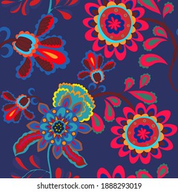 Patrón creativo sin fisuras con flores y hojas de estilo étnico. Decoración floral. Patrón tradicional de paisajes. Textil de diseño textil.Patrón inmaterial tribal étnico.	