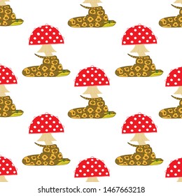 Creative seamless pattern with fly agaric and snakes. White background. Hand drawn style illustration. Vector.