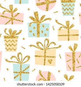 Creative seamless pattern of gift with gold glitter ribbon. Stylish greeting background in pastel color. Vector illustration 