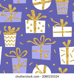 Creative seamless pattern with gold glitter gift. Stylish greeting background for christmas, new year and other celebration. Vector illustration