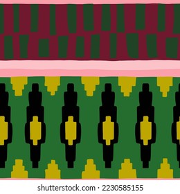 Creative Seamless Pattern Green Burgundy yellow and Pink with Kilim Motifs