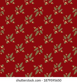 Creative seamless pattern with green foliage and acorns ornament. Maroon dark background. Flat vector print for textile, fabric, gift wrap, wallpapers. Endless illustration.