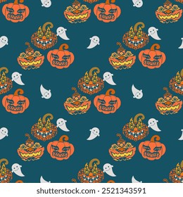 Creative seamless pattern of Halloween pumpkins Thai style and ghosts on green background. Trendy print. Fantasy print, great design for any purposes.