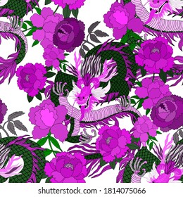 Creative seamless pattern with hand drawn chinese art elements: dragon, lantern, fan and flowers. Trendy print. Fantasy chinese dragon, great design for any purposes. Asian culture. Abstract art.