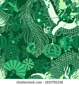 Creative seamless pattern with hand drawn chinese art elements: dragon, lantern, fan and flowers. Trendy print. Fantasy chinese dragon, great design for any purposes. Asian culture. Abstract art.