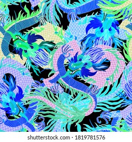 Creative seamless pattern with hand drawn chinese art elements: dragon, lantern, fan and flowers. Trendy print. Fantasy chinese dragon, great design for any purposes. Asian culture. Abstract art.