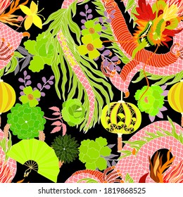 Creative seamless pattern with hand drawn chinese art elements: dragon, lantern, fan and flowers. Trendy print. Fantasy chinese dragon, great design for any purposes. Asian culture. Abstract art.