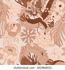 Creative seamless pattern with hand drawn chinese art elements: dragon, lantern, fan and flowers. Trendy print. Fantasy chinese dragon, great design for any purposes. Asian culture. Abstract art.