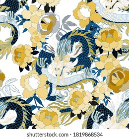 Creative seamless pattern with hand drawn chinese art elements: dragon, lantern, fan and flowers. Trendy print. Fantasy chinese dragon, great design for any purposes. Asian culture. Abstract art.