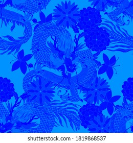 Creative seamless pattern with hand drawn chinese art elements: dragon, lantern, fan and flowers. Trendy print. Fantasy chinese dragon, great design for any purposes. Asian culture. Abstract art.