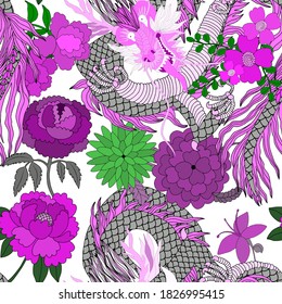 Creative seamless pattern with hand drawn chinese art elements: dragon, lantern, fan and flowers. Trendy print. Fantasy chinese dragon, great design for any purposes. Asian culture. Abstract art.