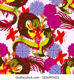 Creative seamless pattern with hand drawn chinese art elements: dragon, lantern, fan and flowers. Trendy print. Fantasy chinese dragon, great design for any purposes. Asian culture. Abstract art.