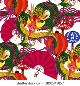 Creative seamless pattern with hand drawn chinese art elements: dragon, lantern, fan and flowers. Trendy print. Fantasy chinese dragon, great design for any purposes. Asian culture. Abstract art.