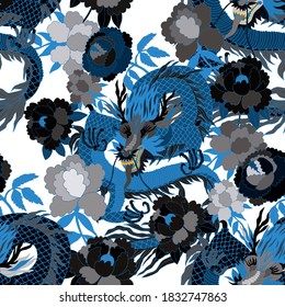 Creative seamless pattern with hand drawn chinese art elements: dragon, lantern, fan and flowers. Trendy print. Fantasy chinese dragon, great design for any purposes. Asian culture. Abstract art.