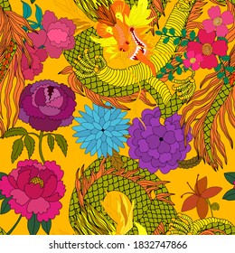 Creative seamless pattern with hand drawn chinese art elements: dragon, lantern, fan and flowers. Trendy print. Fantasy chinese dragon, great design for any purposes. Asian culture. Abstract art.
