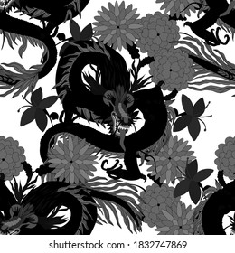 Creative seamless pattern with hand drawn chinese art elements: dragon, lantern, fan and flowers. Trendy print. Fantasy chinese dragon, great design for any purposes. Asian culture. Abstract art.