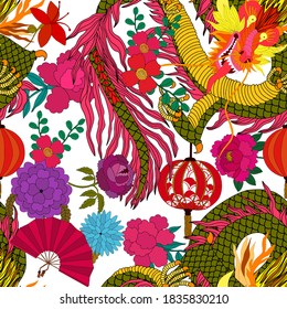 Creative seamless pattern with hand drawn chinese art elements: dragon, lantern, fan and flowers. Trendy print. Fantasy chinese dragon, great design for any purposes. Asian culture. Abstract art.