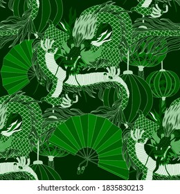 Creative seamless pattern with hand drawn chinese art elements: dragon, lantern, fan and flowers. Trendy print. Fantasy chinese dragon, great design for any purposes. Asian culture. Abstract art.