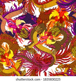 Creative seamless pattern with hand drawn chinese art elements: dragon, lantern, fan and flowers. Trendy print. Fantasy chinese dragon, great design for any purposes. Asian culture. Abstract art.
