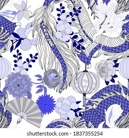 Creative seamless pattern with hand drawn chinese art elements: dragon, lantern, fan and flowers. Trendy print. Fantasy chinese dragon, great design for any purposes. Asian culture. Abstract art.