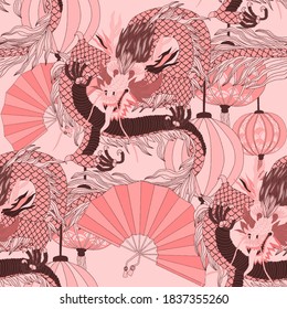 Creative seamless pattern with hand drawn chinese art elements: dragon, lantern, fan and flowers. Trendy print. Fantasy chinese dragon, great design for any purposes. Asian culture. Abstract art.