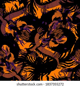 Creative seamless pattern with hand drawn chinese art elements: dragon, lantern, fan and flowers. Trendy print. Fantasy chinese dragon, great design for any purposes. Asian culture. Abstract art.