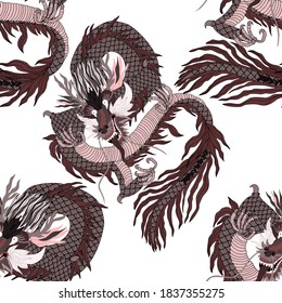 Creative seamless pattern with hand drawn chinese art elements: dragon, lantern, fan and flowers. Trendy print. Fantasy chinese dragon, great design for any purposes. Asian culture. Abstract art.