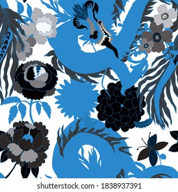 Creative seamless pattern with hand drawn chinese art elements: dragon, lantern, fan and flowers. Trendy print. Fantasy chinese dragon, great design for any purposes. Asian culture. Abstract art.	