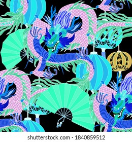 Creative seamless pattern with hand drawn chinese art elements: dragon, lantern, fan and flowers. Trendy print. Fantasy chinese dragon, great design for any purposes. Asian culture. Abstract art.	