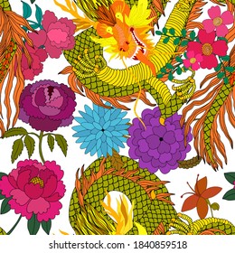 Creative seamless pattern with hand drawn chinese art elements: dragon, lantern, fan and flowers. Trendy print. Fantasy chinese dragon, great design for any purposes. Asian culture. Abstract art.	