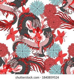 Creative seamless pattern with hand drawn chinese art elements: dragon, lantern, fan and flowers. Trendy print. Fantasy chinese dragon, great design for any purposes. Asian culture. Abstract art.	