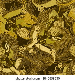 Creative seamless pattern with hand drawn chinese art elements: dragon, lantern, fan and flowers. Trendy print. Fantasy chinese dragon, great design for any purposes. Asian culture. Abstract art.	