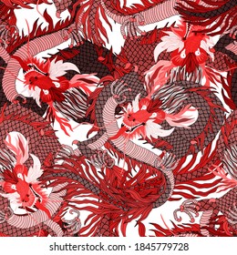 Creative seamless pattern with hand drawn chinese art elements: dragon, lantern, fan and flowers. Trendy print. Fantasy chinese dragon, great design for any purposes. Asian culture. Abstract art.	