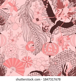 Creative seamless pattern with hand drawn chinese art elements: dragon, lantern, fan and flowers. Trendy print. Fantasy chinese dragon, great design for any purposes. Asian culture. Abstract art.	