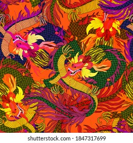 Creative seamless pattern with hand drawn chinese art elements: dragon, lantern, fan and flowers. Trendy print. Fantasy chinese dragon, great design for any purposes. Asian culture. Abstract art.	