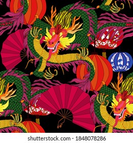Creative seamless pattern with hand drawn chinese art elements: dragon, lantern, fan and flowers. Trendy print. Fantasy chinese dragon, great design for any purposes. Asian culture. Abstract art.	