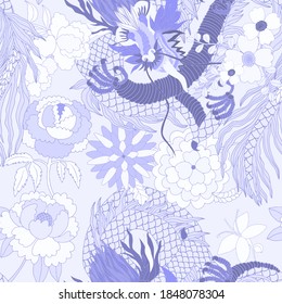 Creative seamless pattern with hand drawn chinese art elements: dragon, lantern, fan and flowers. Trendy print. Fantasy chinese dragon, great design for any purposes. Asian culture. Abstract art.	
