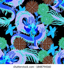 Creative seamless pattern with hand drawn chinese art elements: dragon, lantern, fan and flowers. Trendy print. Fantasy chinese dragon, great design for any purposes. Asian culture. Abstract art.	