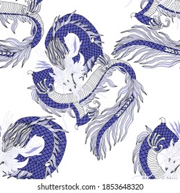 Creative seamless pattern with hand drawn chinese art elements: dragon, lantern, fan and flowers. Trendy print. Fantasy chinese dragon, great design for any purposes. Asian culture. Abstract art.	
